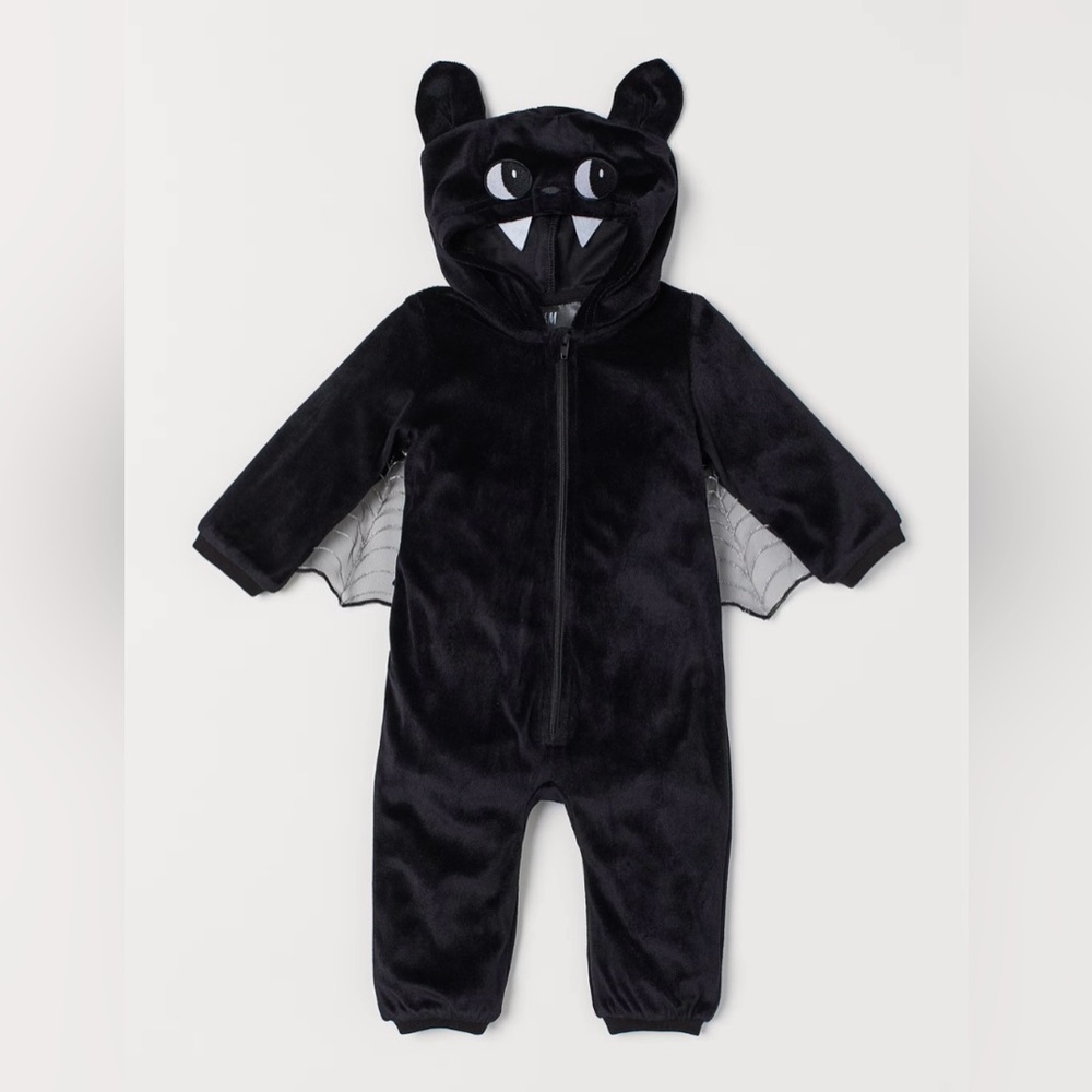 VGUC H&M Little Kids Unisex Halloween Bat Velour Costume Jumpsuit In Black 2-3